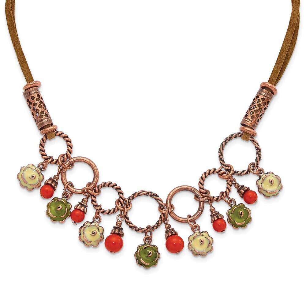 Copper-tone Green Enamel Flower Orange Acrylic Bead 16" Faux Seude Cord Necklace